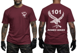 101 Battalion Romeo Mikes SADF maroon T-shirt with eagle graphic and rifle design