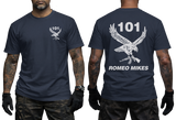 101 Battalion Romeo Mikes SADF navy T-shirt with eagle graphic and rifle design