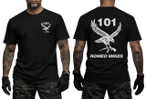 101 Battalion Romeo Mikes SADF black T-shirt with eagle graphic and rifle design