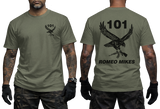 101 Battalion Romeo Mikes SADF olive T-shirt with eagle graphic and rifle design