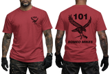 101 Battalion Romeo Mikes SADF red T-shirt with eagle graphic and rifle design