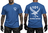 101 Battalion Romeo Mikes SADF royal blue T-shirt with eagle graphic and rifle design