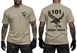 101 Battalion Romeo Mikes SADF sand T-shirt with eagle graphic and rifle design