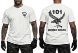 101 Battalion Romeo Mikes SADF white T-shirt with eagle graphic and rifle design
