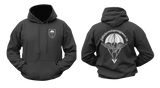 Front and back view of a Black military style hoodie featuring the German Fallschirmjägerregiment 26 paratrooper crest on the chest and large parachute wings graphic on the back.