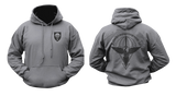 Front and back view of a Charcoal Dark Grey military style hoodie featuring the German Fallschirmjägerregiment 26 paratrooper crest on the chest and large parachute wings graphic on the back.