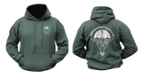 Front and back view of a Forest Green military style hoodie featuring the German Fallschirmjägerregiment 26 paratrooper crest on the chest and large parachute wings graphic on the back.