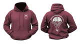 Front and back view of a Maroon Deep Red military style hoodie featuring the German Fallschirmjägerregiment 26 paratrooper crest on the chest and large parachute wings graphic on the back.