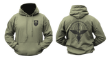 Front and back view of an Olive Military Green style hoodie featuring the German Fallschirmjägerregiment 26 paratrooper crest on the chest and large parachute wings graphic on the back.