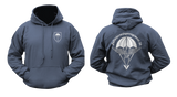 Front and back view of a Navy Blue military style hoodie featuring the German Fallschirmjägerregiment 26 paratrooper crest on the chest and large parachute wings graphic on the back.