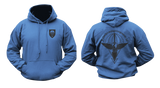 Front and back view of a Royal Blue military style hoodie featuring the German Fallschirmjägerregiment 26 paratrooper crest on the chest and large parachute wings graphic on the back.