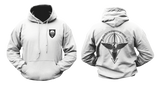Front and back view of a White military style hoodie featuring the German Fallschirmjägerregiment 26 paratrooper crest on the chest and large parachute wings graphic on the back.
