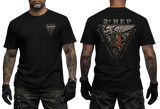 Black t-shirt featuring the 2e REP French Foreign Legion (Légion Étrangère) parachute regiment tactical insignia, showing the front left chest badge and large back triangular emblem print.