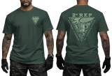 forest green t-shirt featuring the 2e REP French Foreign Legion (Légion Étrangère) parachute regiment tactical insignia, showing the front left chest badge and large back triangular emblem print.