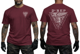 maroon t-shirt featuring the 2e REP French Foreign Legion (Légion Étrangère) parachute regiment tactical insignia, showing the front left chest badge and large back triangular emblem print.