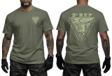 military green t-shirt featuring the 2e REP French Foreign Legion (Légion Étrangère) parachute regiment tactical insignia, showing the front left chest badge and large back triangular emblem print.
