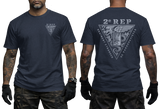 navy blue t-shirt featuring the 2e REP French Foreign Legion (Légion Étrangère) parachute regiment tactical insignia, showing the front left chest badge and large back triangular emblem print.