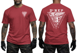 red t-shirt featuring the 2e REP French Foreign Legion (Légion Étrangère) parachute regiment tactical insignia, showing the front left chest badge and large back triangular emblem print.