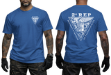 royal blue t-shirt featuring the 2e REP French Foreign Legion (Légion Étrangère) parachute regiment tactical insignia, showing the front left chest badge and large back triangular emblem print.