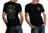 Black 32 Battalion SADF t-shirt mockups showing front small chest logo and full back print featuring the buffalo emblem and Os Terríveis insignia.