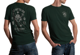 Forest green 32 Battalion SADF t-shirt mockups showing front small chest logo and full back print featuring the buffalo emblem and Os Terríveis insignia.