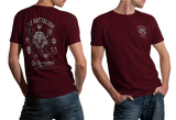 Maroon red 32 Battalion SADF t-shirt mockups showing front small chest logo and full back print featuring the buffalo emblem and Os Terríveis insignia.