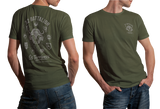 Military olive green 32 Battalion SADF t-shirt mockups showing front small chest logo and full back print featuring the buffalo emblem and Os Terríveis insignia.