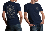Navy blue 32 Battalion SADF t-shirt mockups showing front small chest logo and full back print featuring the buffalo emblem and Os Terríveis insignia.