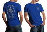 Royal blue 32 Battalion SADF t-shirt mockups showing front small chest logo and full back print featuring the buffalo emblem and Os Terríveis insignia.
