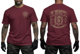 Man wearing maroon US Army 9th Infantry "Manchu" t-shirt, showcasing both front chest and detailed large back prints.