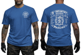Man wearing blue US Army 9th Infantry "Manchu" t-shirt, showcasing both front chest and detailed large back prints.