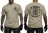 Man wearing sand US Army 9th Infantry "Manchu" t-shirt, showcasing both front chest and detailed large back prints.