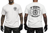 Man wearing white US Army 9th Infantry "Manchu" t-shirt, showcasing both front chest and detailed large back prints.