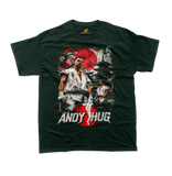 Andy Hug K-1 Karate Legend Vintage Graphic green T-Shirt with Japanese Pagoda and Red Sun Design