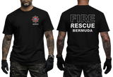 A black short-sleeve T-shirt shown on a model from both front and back. The front has a small red, white, and blue fire department style crest on the left chest with the word BERMUDA underneath.