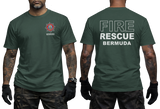 A dark green short-sleeve t-shirt shown on a model from both the front and back. The front features a small red and white fire department style emblem on the left chest with 'BERMUDA' underneath.