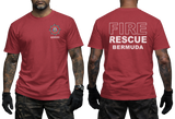 A red short-sleeve t-shirt shown on a model from both the front and back. The front features a small fire department style emblem on the left chest with the word 'BERMUDA' underneath.