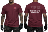 A man modeling a burgundy short-sleeve t-shirt, showing both the front and back views. The front features a small red and white fire department emblem on the left chest with the word 'BERMUDA' underneath.