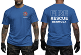 A man modeling a royal blue short-sleeve t-shirt, showing both the front and back views. The front features a small red and white fire department style emblem on the left chest with the word 'BERMUDA' underneath.