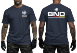navy tactical t-shirt featuring the BND eagle emblem and logo on the chest. The back shows a large BND print with the full Bundesnachrichtendienst name and German flag colors.