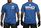 royal blue tactical t-shirt featuring the BND eagle emblem and logo on the chest. The back shows a large BND print with the full Bundesnachrichtendienst name and German flag colors.