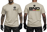 sand tactical t-shirt featuring the BND eagle emblem and logo on the chest. The back shows a large BND print with the full Bundesnachrichtendienst name and German flag colors.