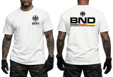 white tactical t-shirt featuring the BND eagle emblem and logo on the chest. The back shows a large BND print with the full Bundesnachrichtendienst name and German flag colors.