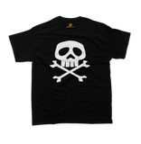 Black t-shirt featuring the iconic Captain Harlock Jolly Roger design with a stylized white skull and crossbones graphic printed on the front center.