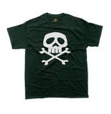 forest green t-shirt featuring the iconic Captain Harlock Jolly Roger design with a stylized white skull and crossbones graphic printed on the front center.
