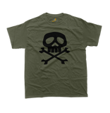 military green t-shirt featuring the iconic Captain Harlock Jolly Roger design with a stylized white skull and crossbones graphic printed on the front center.