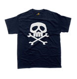 navy t-shirt featuring the iconic Captain Harlock Jolly Roger design with a stylized white skull and crossbones graphic printed on the front center.