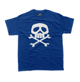 royal blue t-shirt featuring the iconic Captain Harlock Jolly Roger design with a stylized white skull and crossbones graphic printed on the front center.