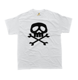 white t-shirt featuring the iconic Captain Harlock Jolly Roger design with a stylized white skull and crossbones graphic printed on the front center.