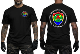 El Salvador BIRI Atonal T-Shirt in black featuring a colorful special forces emblem on the front and large BIRI Atonal infantry battalion graphic on the back